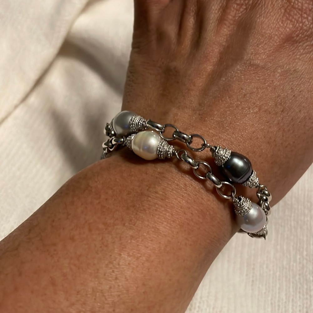 Silver tone, double strand, pearl bracelet.